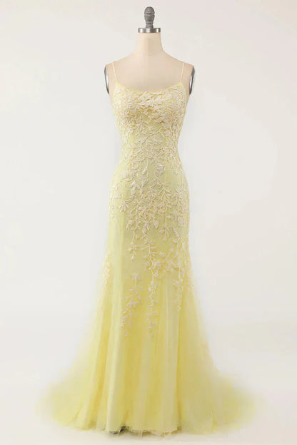 Elegant Mermaid Spaghetti Straps Long Prom Dress With Appliques Lace Evening Dresses DP257