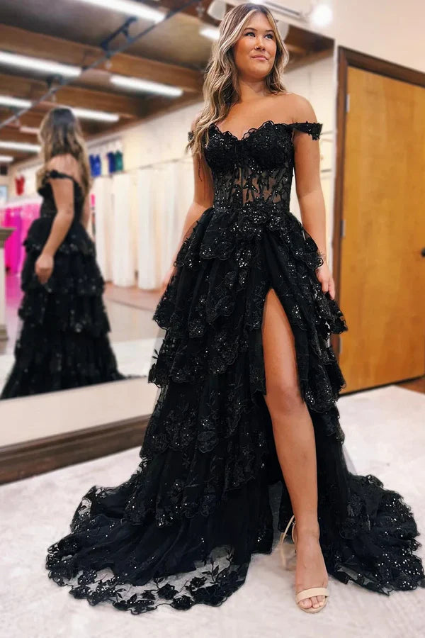 Elegant Prom Dresses Formal Court Train Sleeveless Off Shoulder Tulle with Sequin Slit Evening Dresses DP268