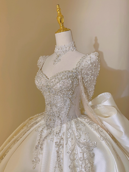 Princess Bridal Dress Ball Gown V-Neck Satin White Beads Long Wedding Dress Modest Long Sleeves Bridal Gowns DP2768