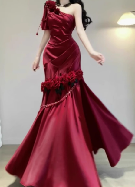 Modest Mermaid One-shoulder Long Evening Gown Burgundy Formal Dress Applique Satin Slit Prom Dress DP2798