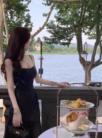 Stunning Mermaid Spaghetti Strap Long Evening Gown Black Chiffon Formal Dress Elegant Birthday Prom Dress DP2805