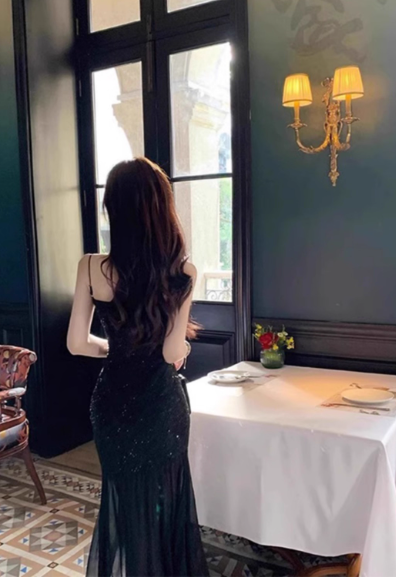 Stunning Mermaid Spaghetti Strap Long Evening Gown Black Chiffon Formal Dress Elegant Birthday Prom Dress DP2805