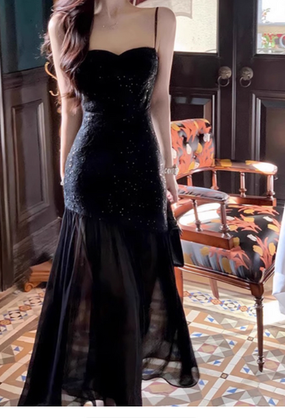 Stunning Mermaid Spaghetti Strap Long Evening Gown Black Chiffon Formal Dress Elegant Birthday Prom Dress DP2805
