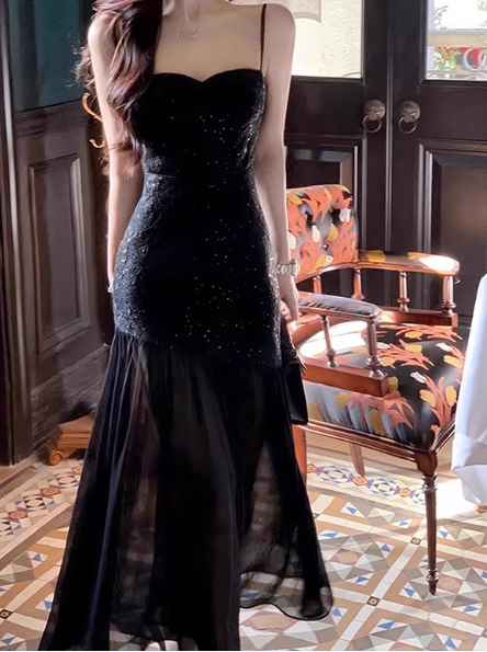 Stunning Mermaid Spaghetti Strap Long Evening Gown Black Chiffon Formal Dress Elegant Birthday Prom Dress DP2805