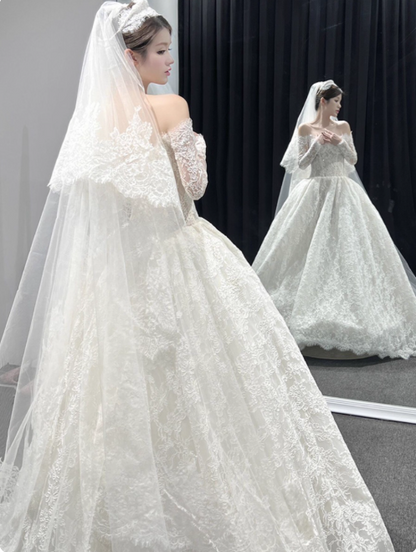 Modest Ball Gown Off-the-shoulder Bridal Dress White Tulle Lace Long Wedding Dress Elegant Applique Bridal Gowns DP2819