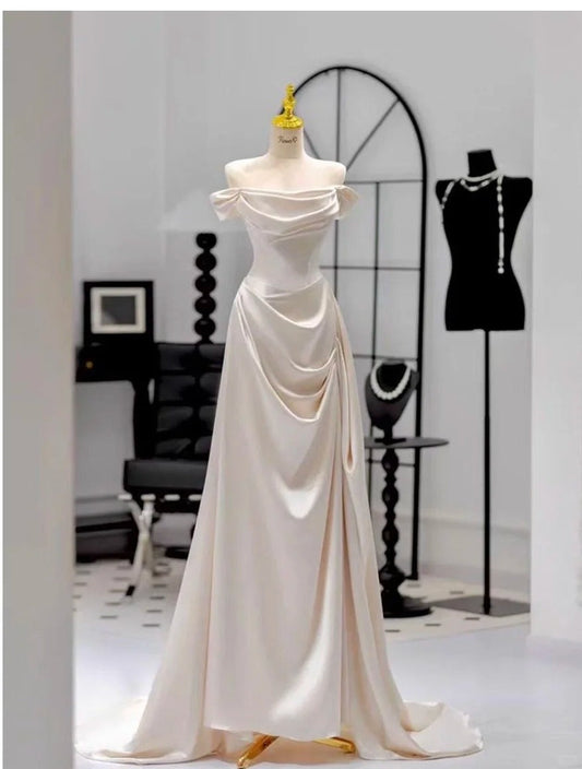 Elegant Sheath Long Prom Dress Off-the-shoulder Satin Formal Evening Dress DP2880
