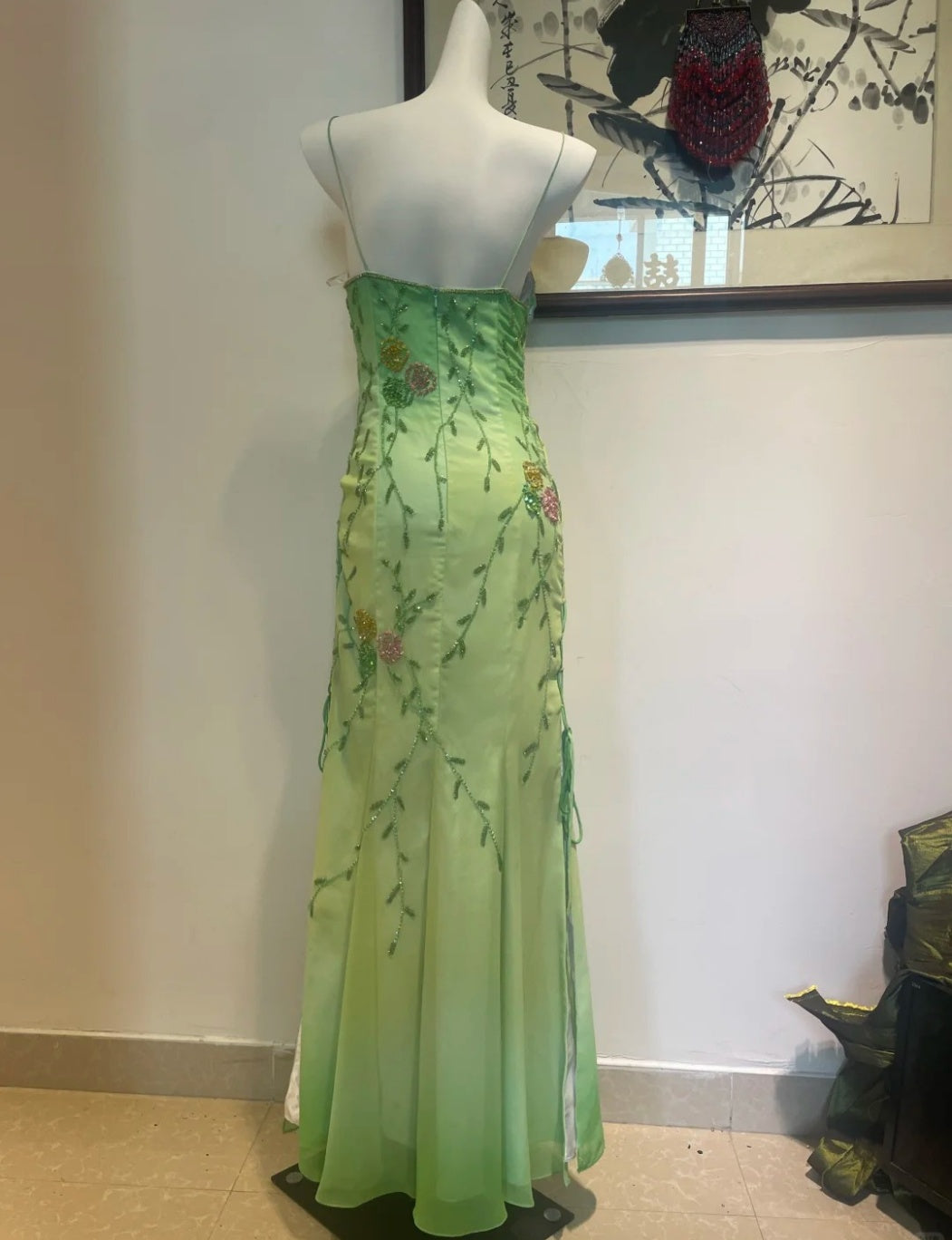 Elegant Spaghetti Strap Sheath Prom Dress Vintage Chiffon Beaded Green Formal Evening Dress DP2932