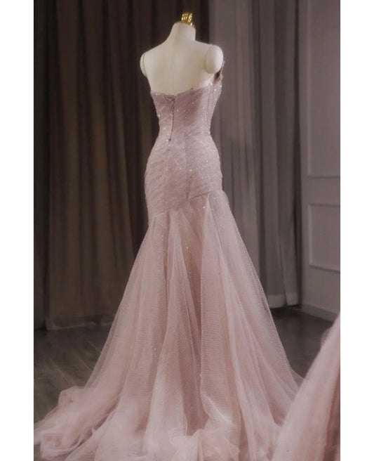 Luxury Sequined Pink Tulle Gorgeous Mermaid Prom Dress Evening Dresses DP294