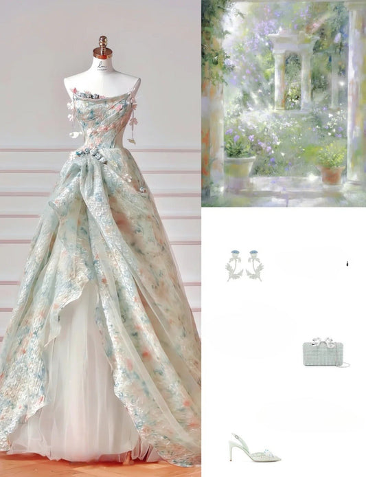 Cute Green Ball Gown Strapless Long Prom Dress Tulle Floral Chiffon Sweet 16 Dress DP2946