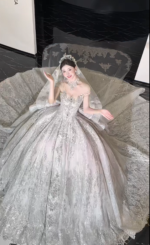 Elegant Off-the-shoulder Ball Gown Long Luxury Wedding Dresses Tulle Applique Bridal Dresses DP2977
