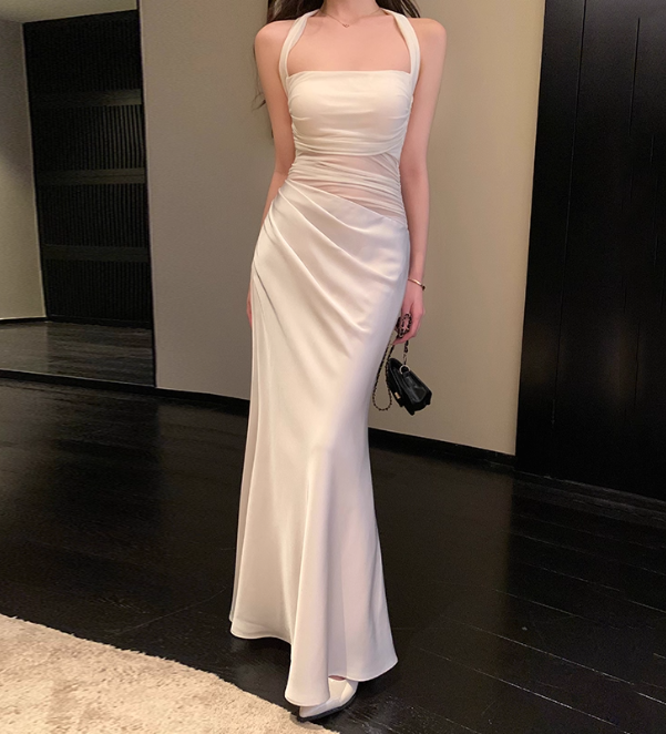 Elegant Halter Mermaid Satin Long Prom Dresses White Formal Evening Dresses  DP2980