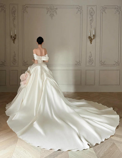 Modest Off-shoulder Luxury Wedding Dresses White Ball Gown Satin Train Bridal Gowns DP2986