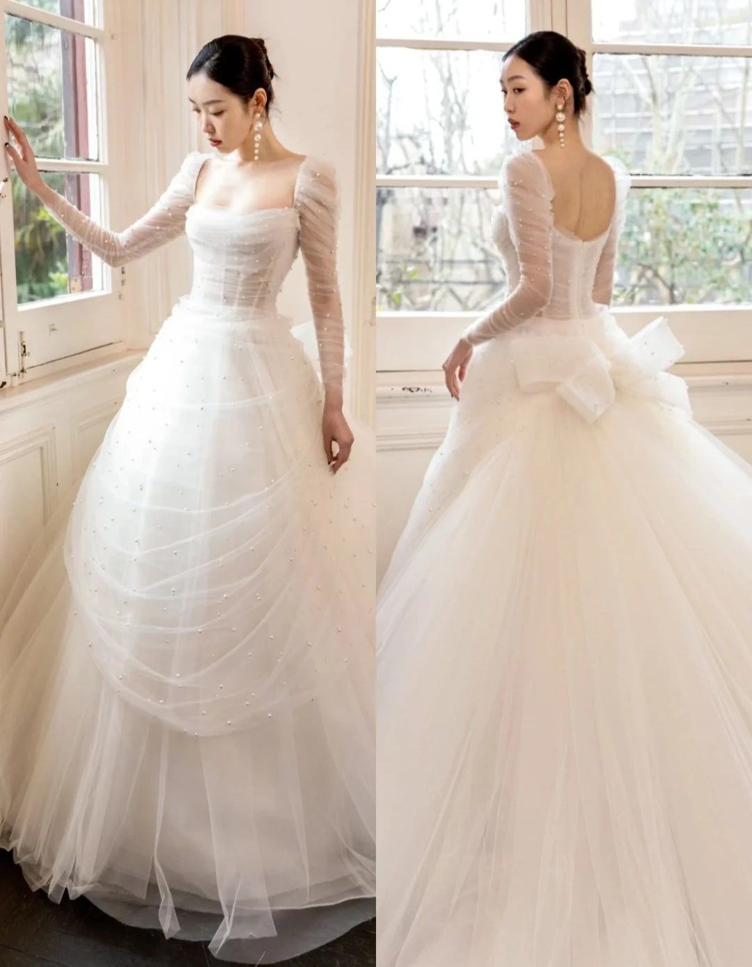 Timeless Square Neck Long Sleeve Luxury Wedding Dresses White Ball Gown Tulle Bridal Gowns with Beading DP2989