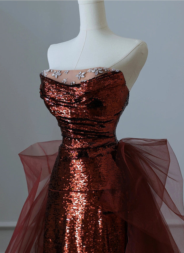 Burgundy Mermaid Sequins Tulle Strapless Prom Dress Evening Dresses DP298