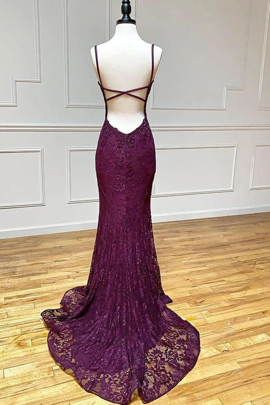 Pretty Lace Spaghetti Straps V-Neck Mermaid Formal Prom Dress Evening Dresses DP304