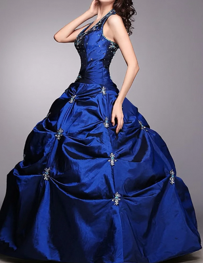 Elegant Halter Ball Gown Taffeta Long Prom Dresses, Navy Quinceanera Dresses Sweet 16 Dress DP3055