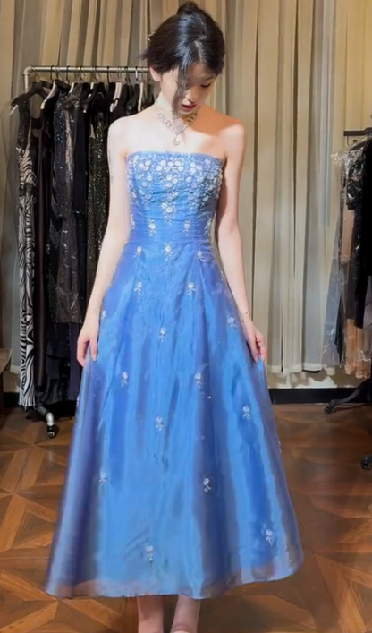 Modest Strapless A-line Chiffon Long Prom Dresses, Vintage Blue Formal Evening Dresses DP3062