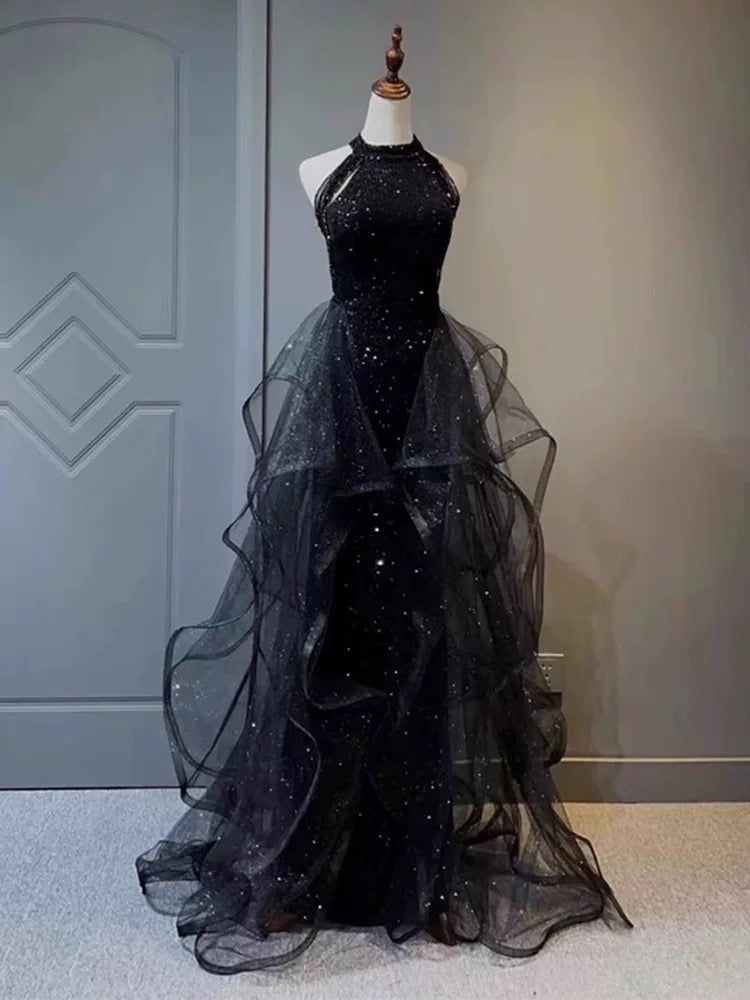 Pretty Navy Blue Sequins Long Prom Party Dress Prom Dress Evening Dresses DP309