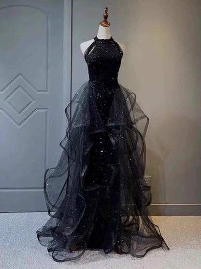 Pretty Navy Blue Sequins Long Prom Party Dress Prom Dress Evening Dresses DP309