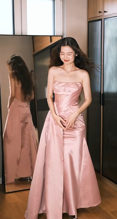 Elegant Strapless Sheath Satin Long Prom Dresses, Pink Formal Evening Dresses DP3095