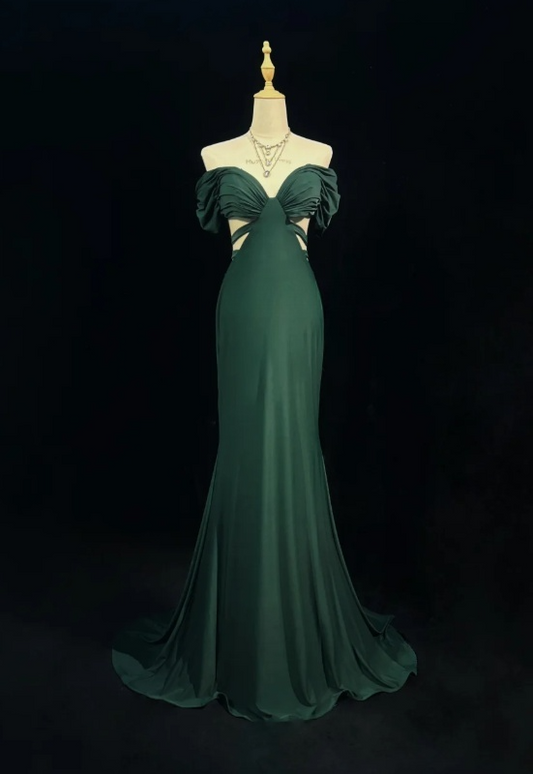 Vintage Off-the-shoulder Mermaid Chiffon Long Prom Dresses, Dark Green Formal Evening Dresses DP3099