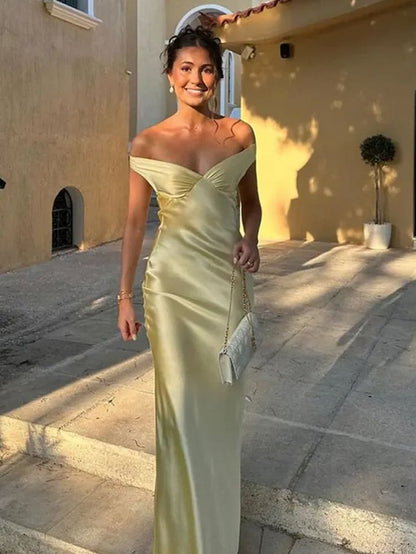 Sexy Off The Shoulder Sheath Satin Long Prom Dress Backless Evening Dresses DP310