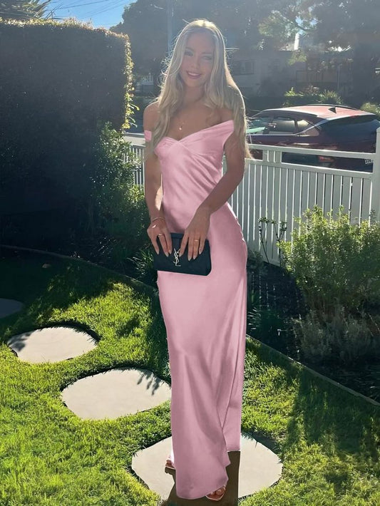 Sexy Off The Shoulder Sheath Satin Long Prom Dress Backless Evening Dresses DP310