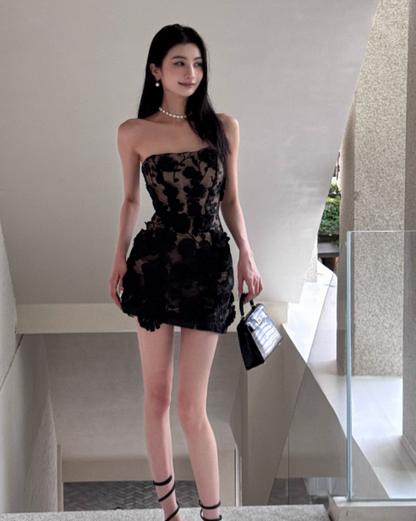 Sexy Strapless Bodycon Tulle Short Birthday Dresses Black Homecoming Dresses DP3112