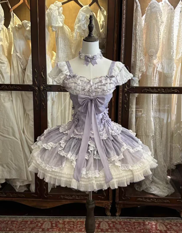 Cute Short-Sleeved Ball Gown Chiffon Short Birthday Dresses Purple Lolita Dresses DP3122