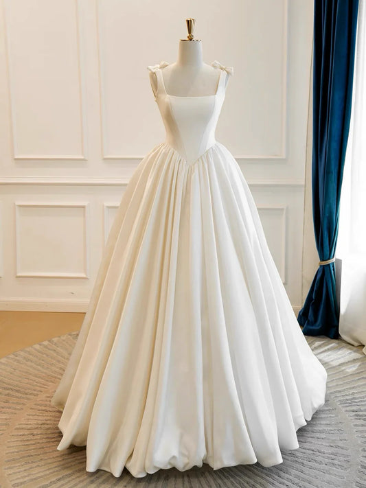 Modest Square Neck A-Line Satin Wedding Dresses Simple Bridal Gowns DP3168