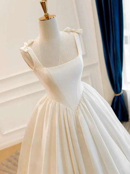 Modest Square Neck A-Line Satin Wedding Dresses Simple Bridal Gowns DP3168