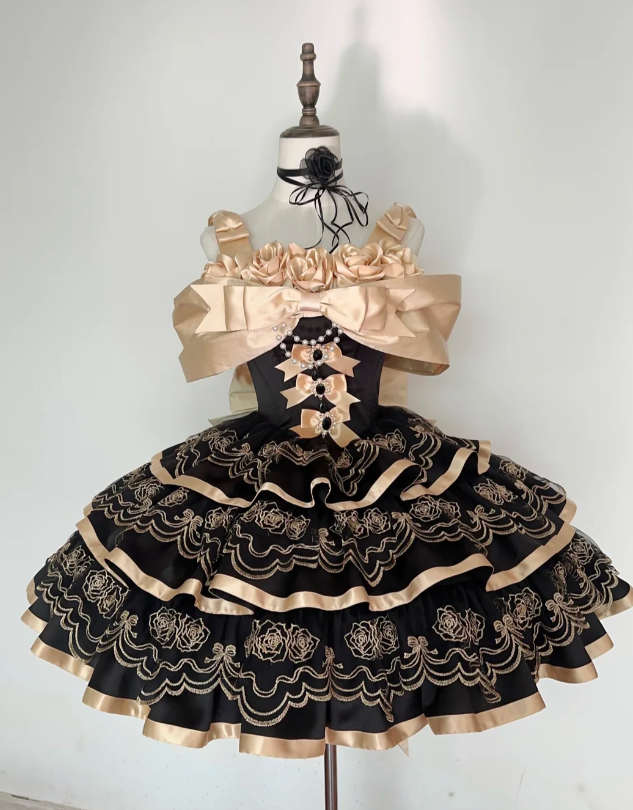Vintage Champagne Ball Gown Satin Birthday Dresses Black Lolita Dresses DP3178