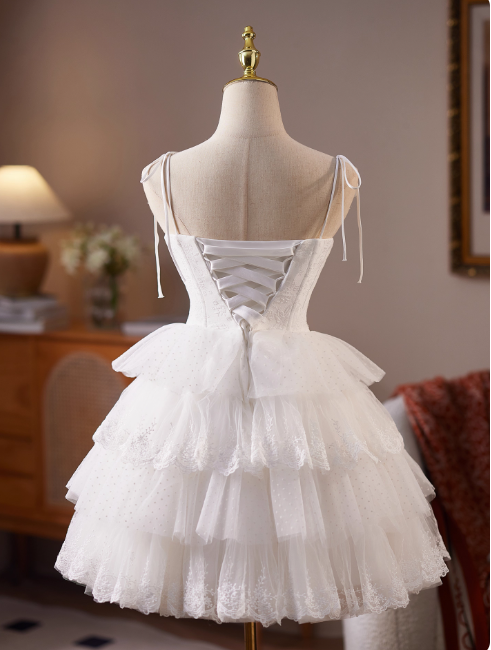 Simple Spaghetti Strap Tulle Lace Wedding Dresses White Short Bridal Gowns DP3184