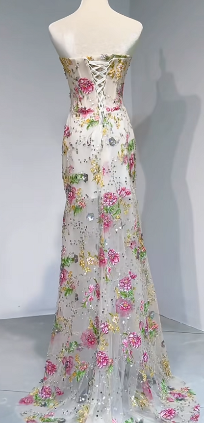 Glam Strapless Sheath Long Prom Dresses Floral Formal Dresses DP3192