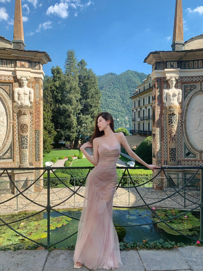 Gorgeous Halter Neck Sheath Evening Dresses Tulle Backless Prom Dresses Light Pink Formal Dresses DP3203