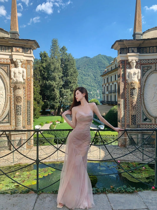 Gorgeous Halter Neck Sheath Evening Dresses Tulle Backless Prom Dresses Light Pink Formal Dresses DP3203