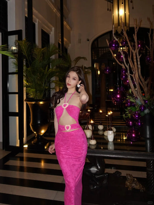 Sexy Halter Neck Sheath Evening Dresses Hot Pink Formal Dresses DP3204