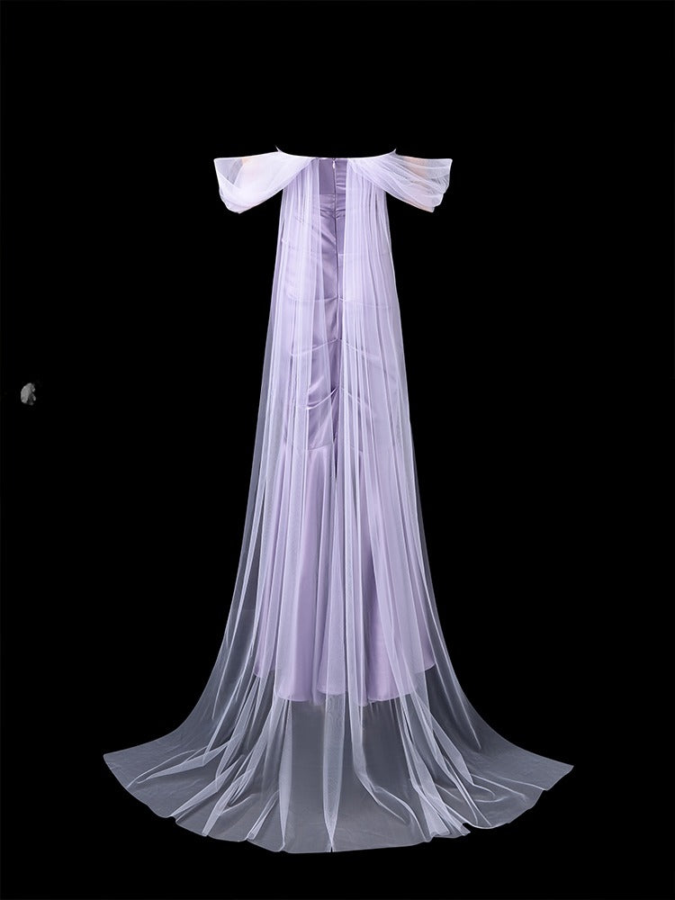 Glam Mermaid Long Prom Dresses, Satin Lavender Formal Dresses Off-the-shoulder Evening Dresses DP3218