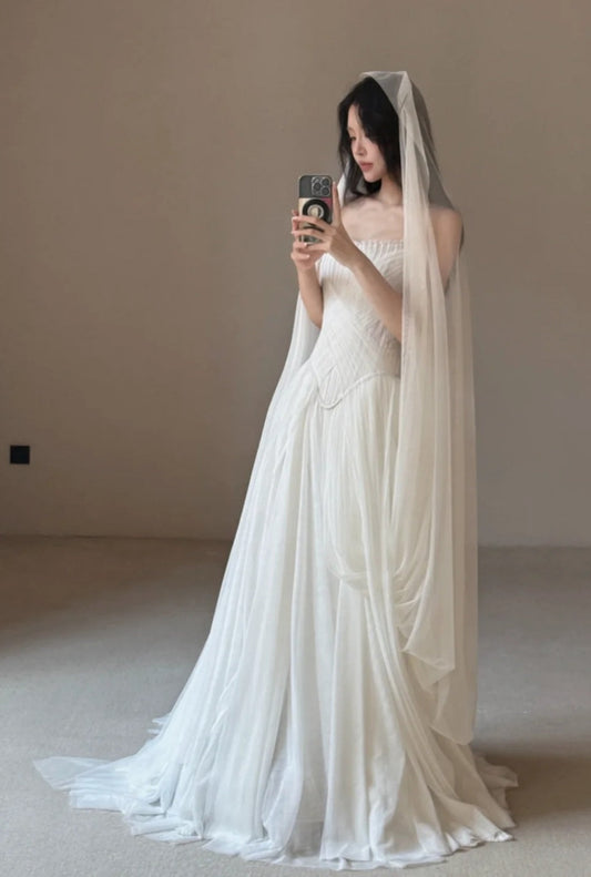 Simple Strapless Sheath Wedding Dresses Chiffon Ivory Bridal Gowns DP3230