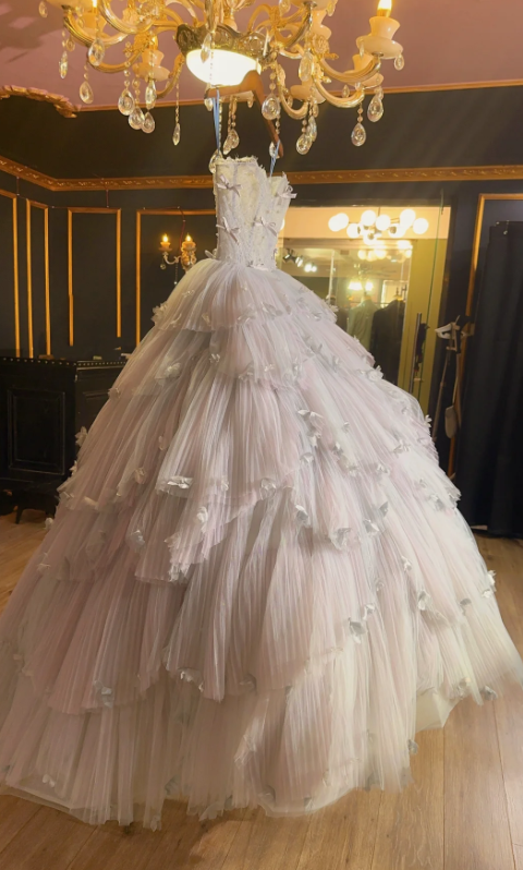 Cute Strapless Ball Gowns Light Pink Tulle Long Quinceanera Dress Formal Gowns Vestido De 15 Anos Sweet 16 Dress DP3243