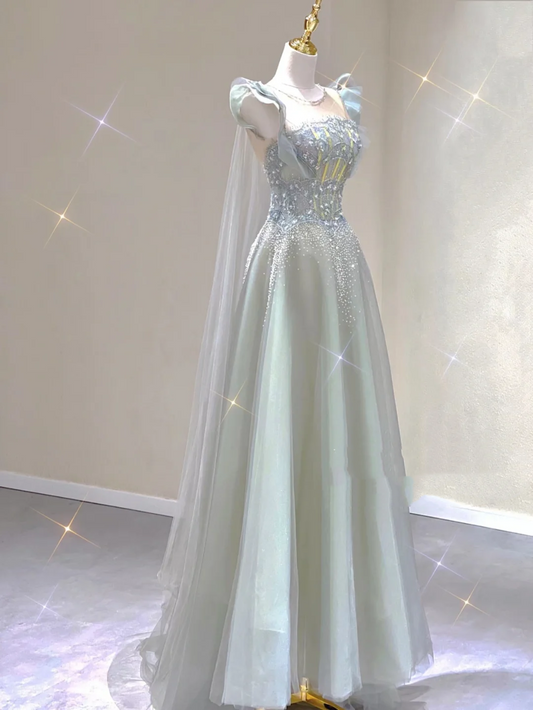 Pretty A Line Scoop Sleeveless Long Beads Tulle Prom Dresses Evening Dresses DP327