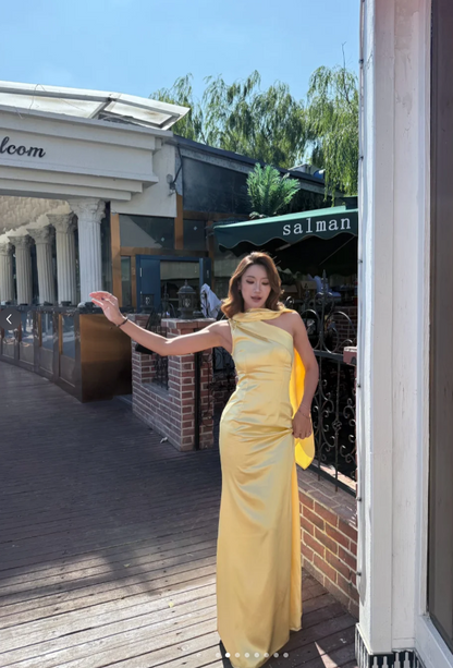 Simple One Shoulder Sheath Long Evening Dresses Satin Yellow Bridesmaid Dresses DP3291