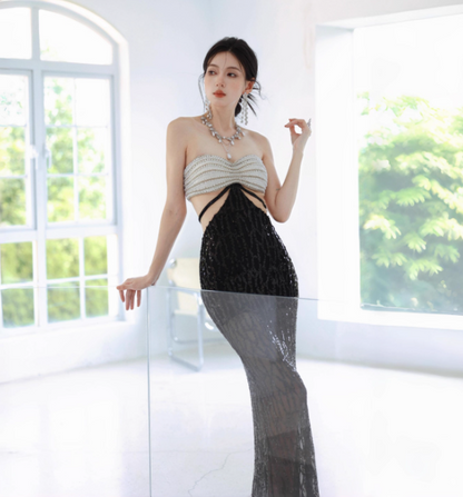 Sexy Strapless Mermaid Long Evening Dresses Beaded Sequin Party Dresses Black Prom Dresses  DP3306