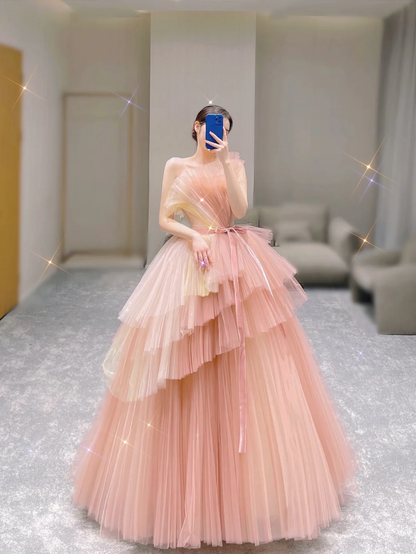 Pretty Ball Gown Strapless Pink Tulle Long Prom Dresses Evening Dresses DP332