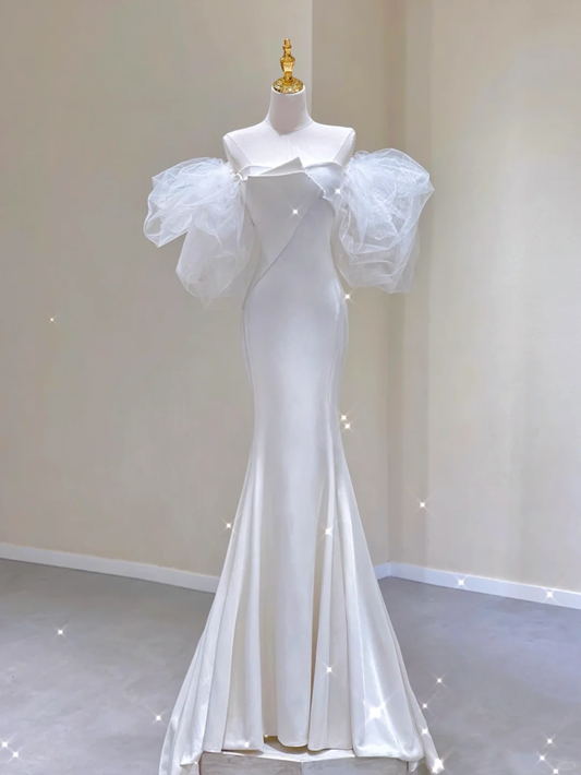 Unique Mermaid Strapless Neckline Satin With Puffy Sleeves Long Wedding Dresses White Brides Dress DP335