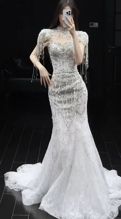 Gorgeous Mermaid Wedding Dresses with Train Beading Tulle Bridal Gowns Short Sleeve Bridal Dresses DP3353