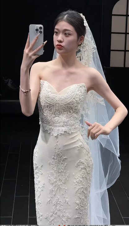 Gorgeous Sheath Wedding Dresses Lace Applique White Bridal Gowns Sweetheart Neck Sleeveless Bridal Dresses DP3354