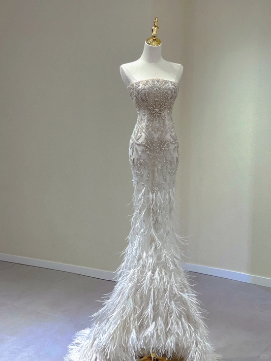 Classy Elegant Mermaid Strapless Long Sleeves Beads Feathers Satin Wedding Dresses Brides Dress DP343