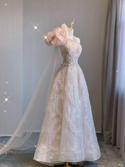 Pretty Ball Gown Jewel Pink Sequin Tulle Long Prom Dresses Evening Dresses DP359