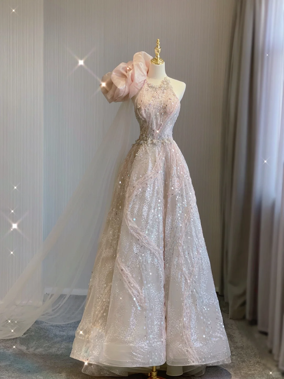 Pretty Ball Gown Jewel Pink Sequin Tulle Long Prom Dresses Evening Dresses DP359